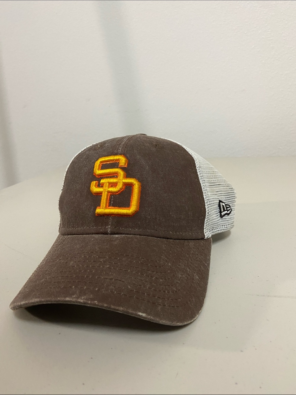 New Era Brown and White Trucker Hat with Gold-Trim SD Patch